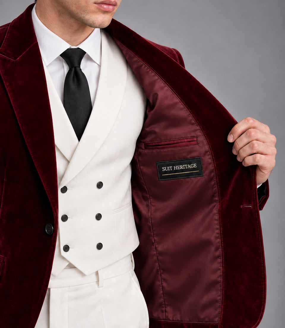 Men's Burgundy And Ivory Wedding Velvet Suit Inner - Suit Heritage