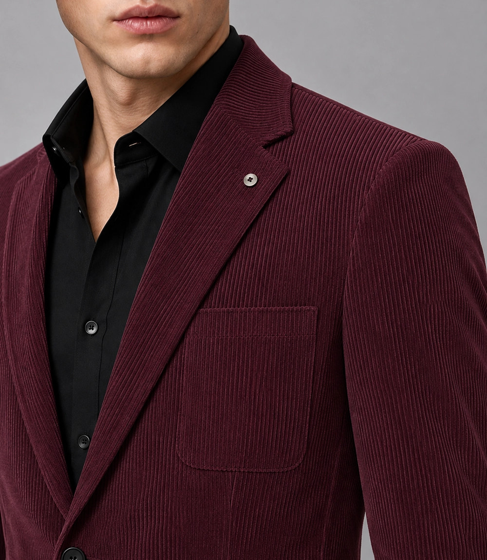 Men's Burgundy Corduroy 2 Piece Suit Closeup - Suit Heritage