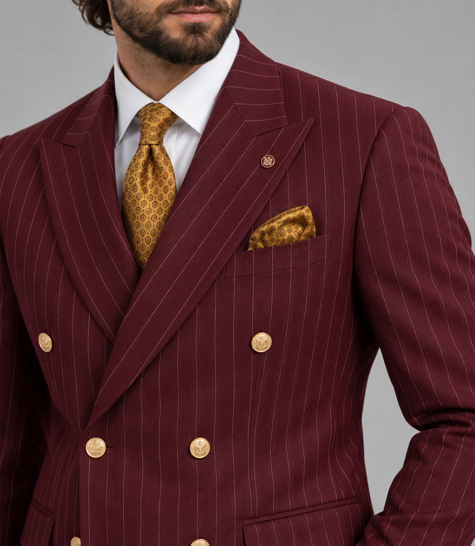 Men's Burgundy Pinstripe Double Breasted Suit Closeup  -  Suit Heritage