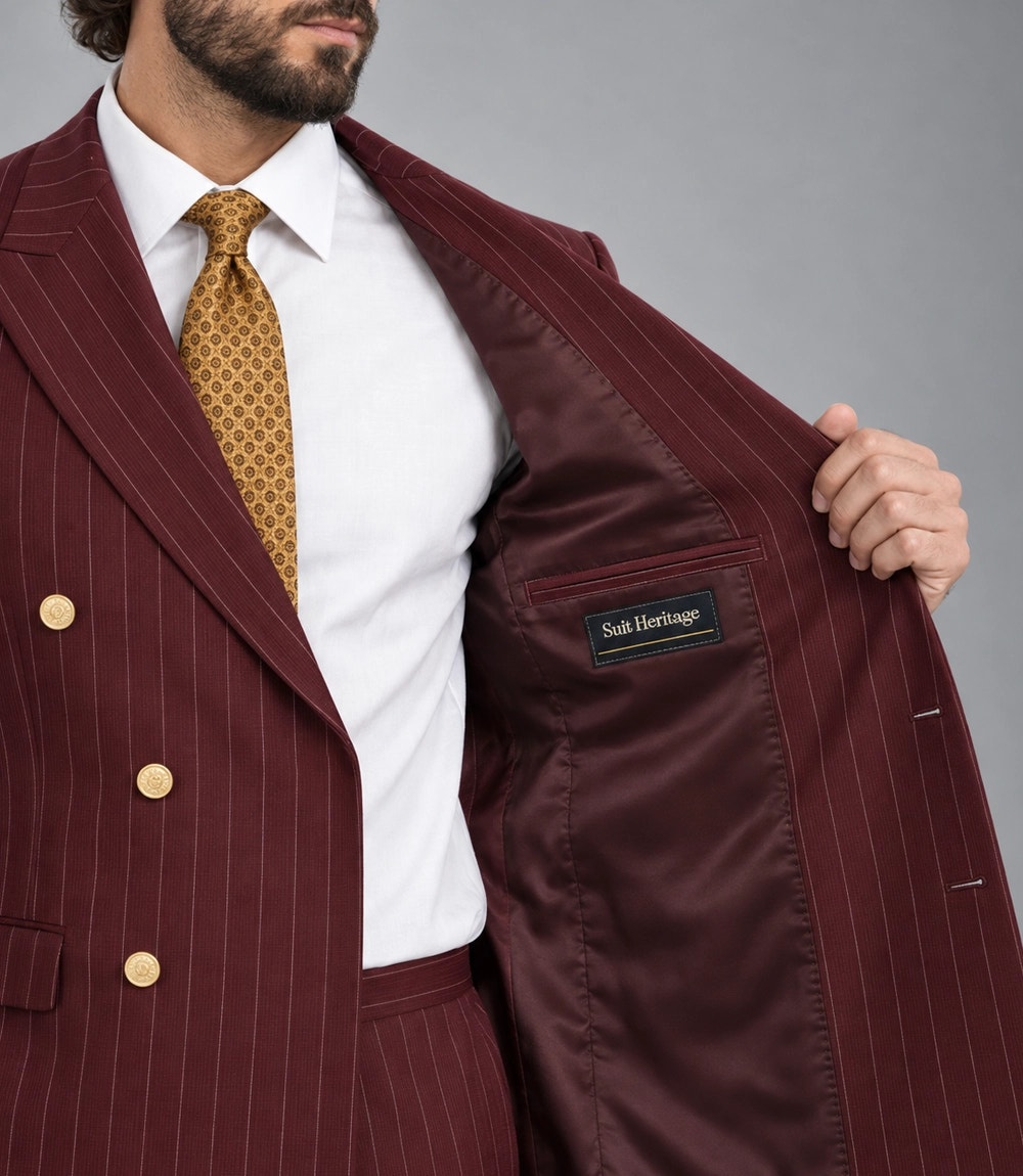 Men's Burgundy Pinstripe Double Breasted Suit Inner  -  Suit Heritage