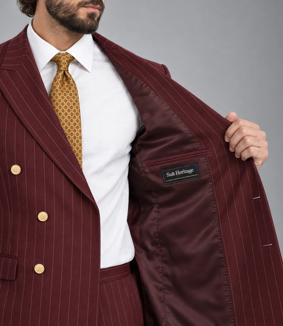 Men's Burgundy Pinstripe Double Breasted Suit Inner  -  Suit Heritage