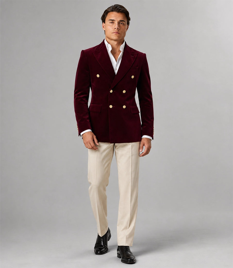 Men's Burgundy Velvet Double Breasted Suit - Suit Heritage