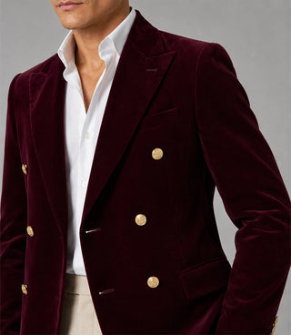 Men's Burgundy Velvet Double Breasted Suit Closeup - Suit Heritage