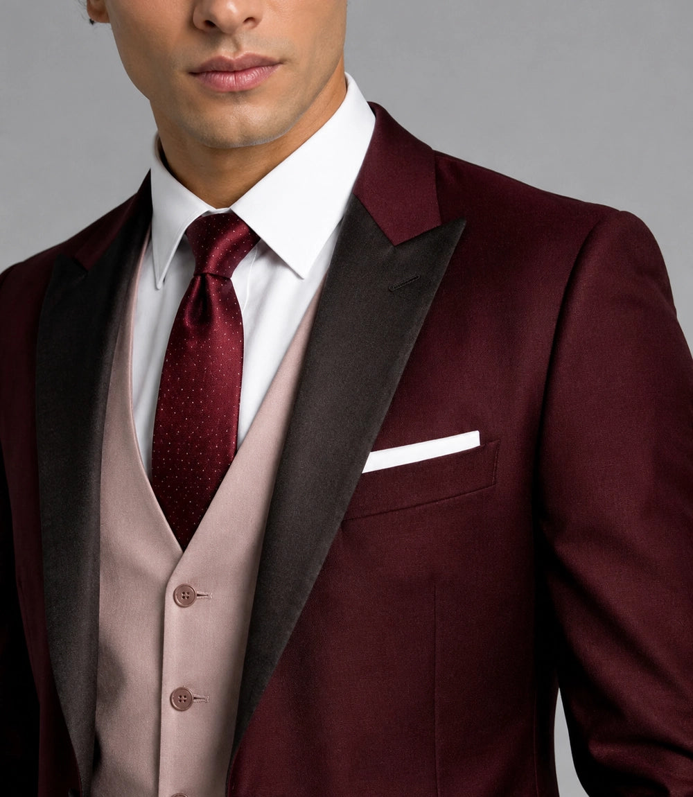 Men’s Burgundy Wedding 3 Piece Suit Closeup -  Suit Heritage
