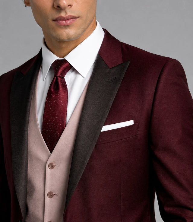 Men’s Burgundy Wedding 3 Piece Suit Closeup -  Suit Heritage