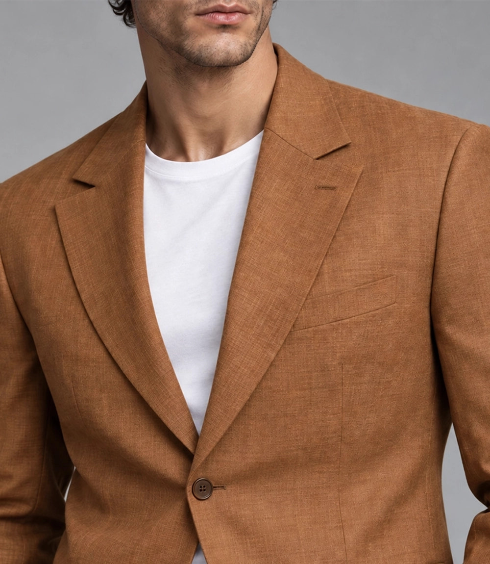 Men's Camel Brown Linen 2 Piece Suit Closeup  -  Suit Heritage