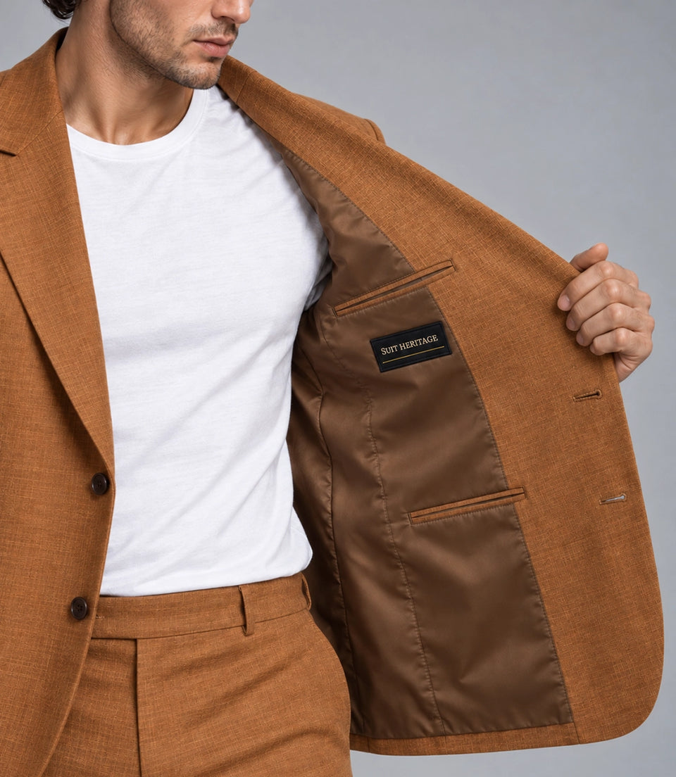 Men's Camel Brown Linen 2 Piece Suit Inner  -  Suit Heritage