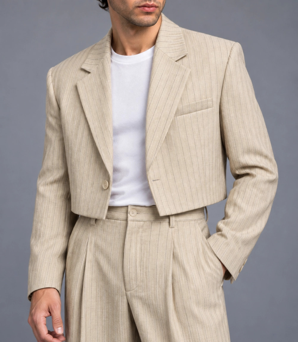 Men's Champagne Pinstripe Cropped Suit Closeup -  Suit Heritage