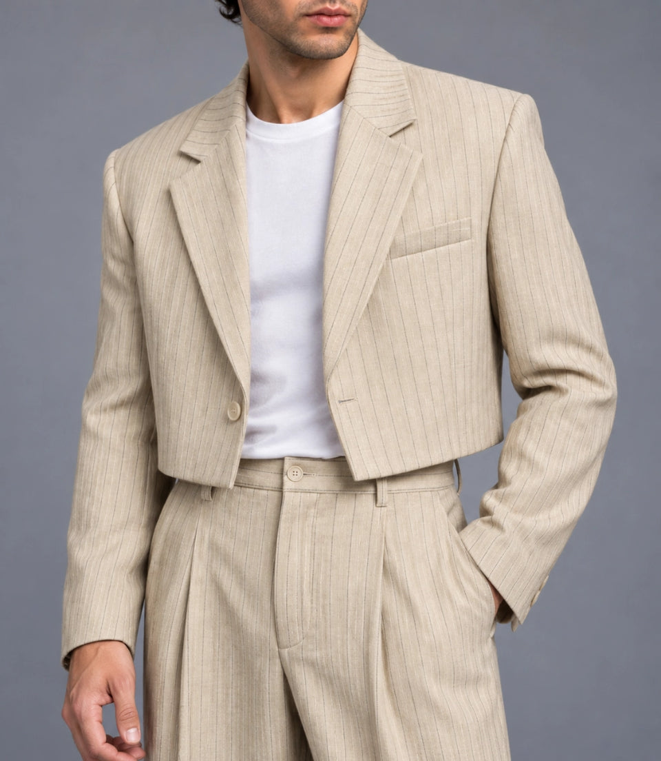 Men's Champagne Pinstripe Cropped Suit Closeup -  Suit Heritage