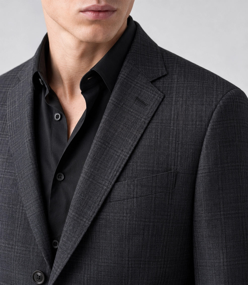 Men's Charcoal Grey Plaid 2 Piece Suit Closeup - Suit Heritage