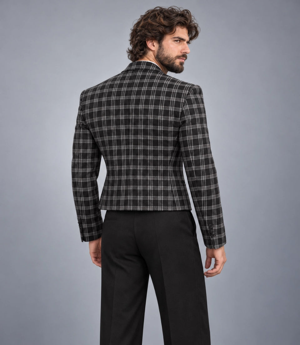 Men's Charcoal Grey Plaid Cropped Suit Back  -  Suit Heritage