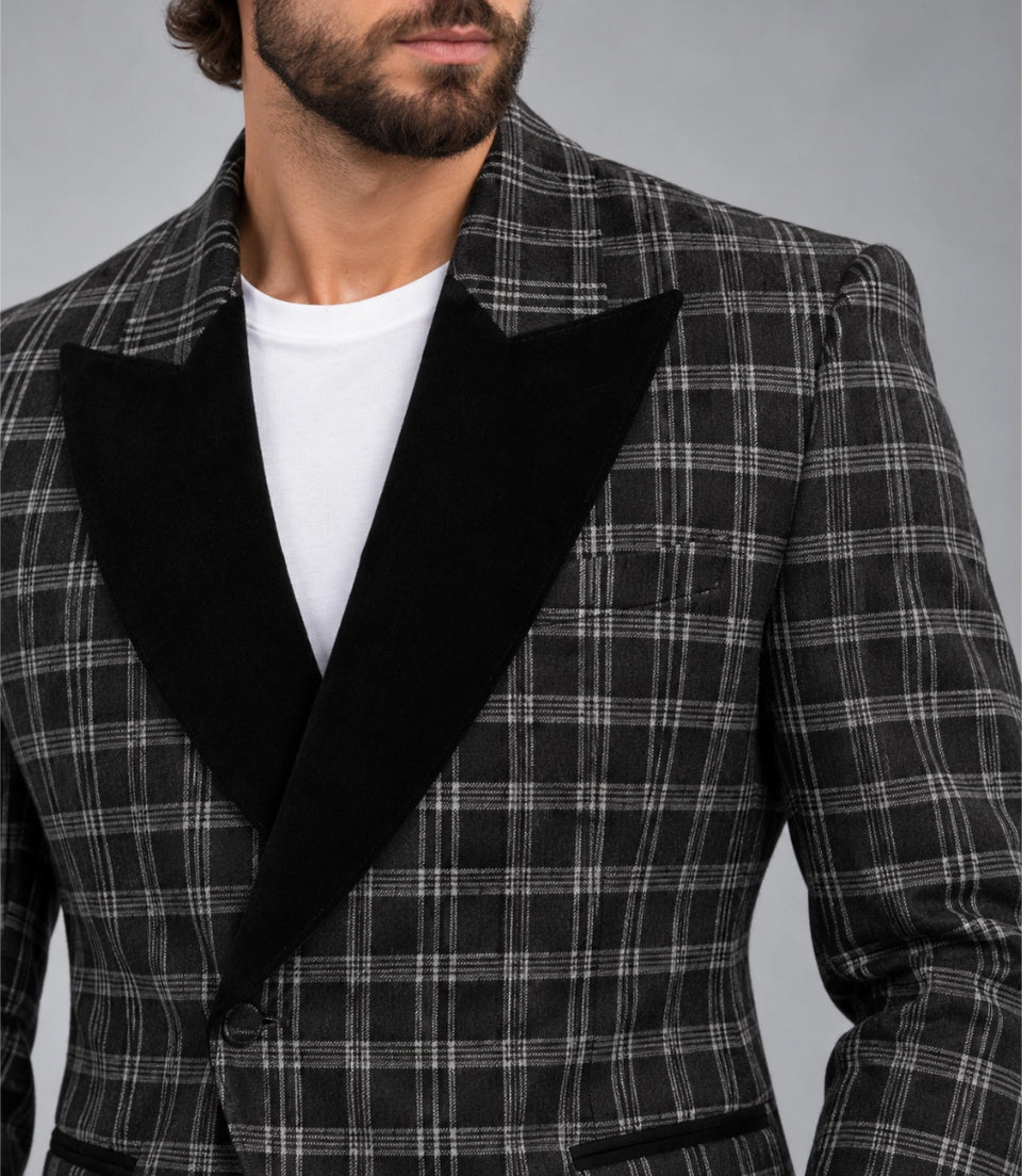 Men's Charcoal Grey Plaid Cropped Suit Closeup -  Suit Heritage
