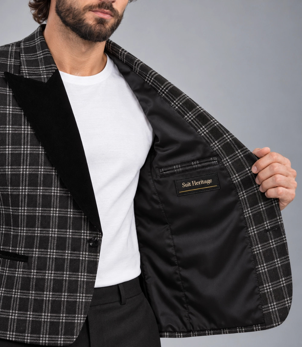 Men's Charcoal Grey Plaid Cropped Suit Inner -  Suit Heritage