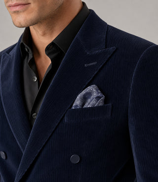 Men's Corduroy Navy Double Breasted 2 Piece Suit Closeup - Suit Heritage