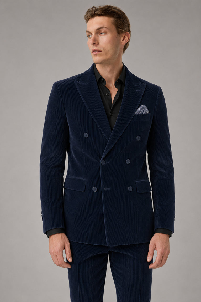 Men's Corduroy Navy Double Breasted 2 Piece Suit Front - Suit Heritage