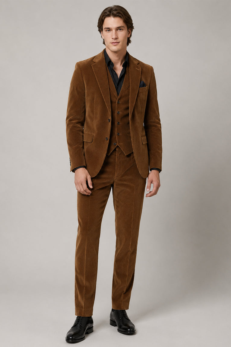 Men's Corduroy Solid Brown 3 Piece Suit - Suit Heritage