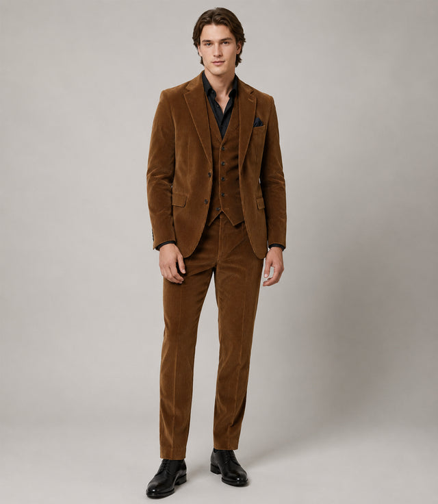 Men's Corduroy Solid Brown 3 Piece Suit - Suit Heritage