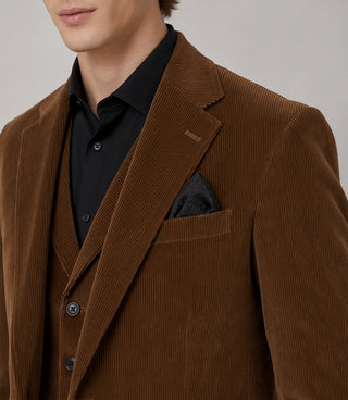 Men's Corduroy Solid Brown 3 Piece Suit Closeup - Suit Heritage