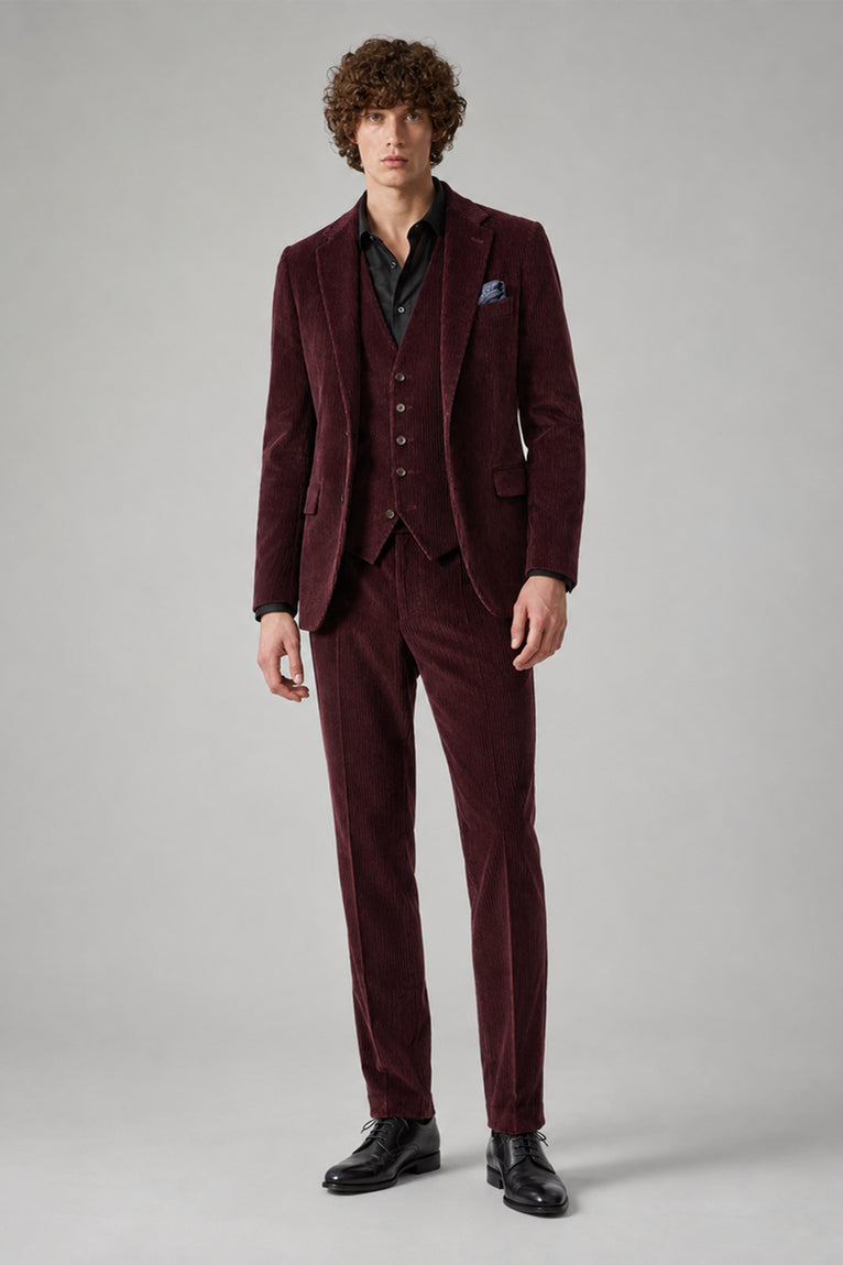 Men's Corduroy Solid Burgundy 3 Piece Suit - Suit Heritage
