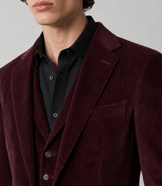 Men's Corduroy Solid Burgundy 3 Piece Suit Closeup - Suit Heritage