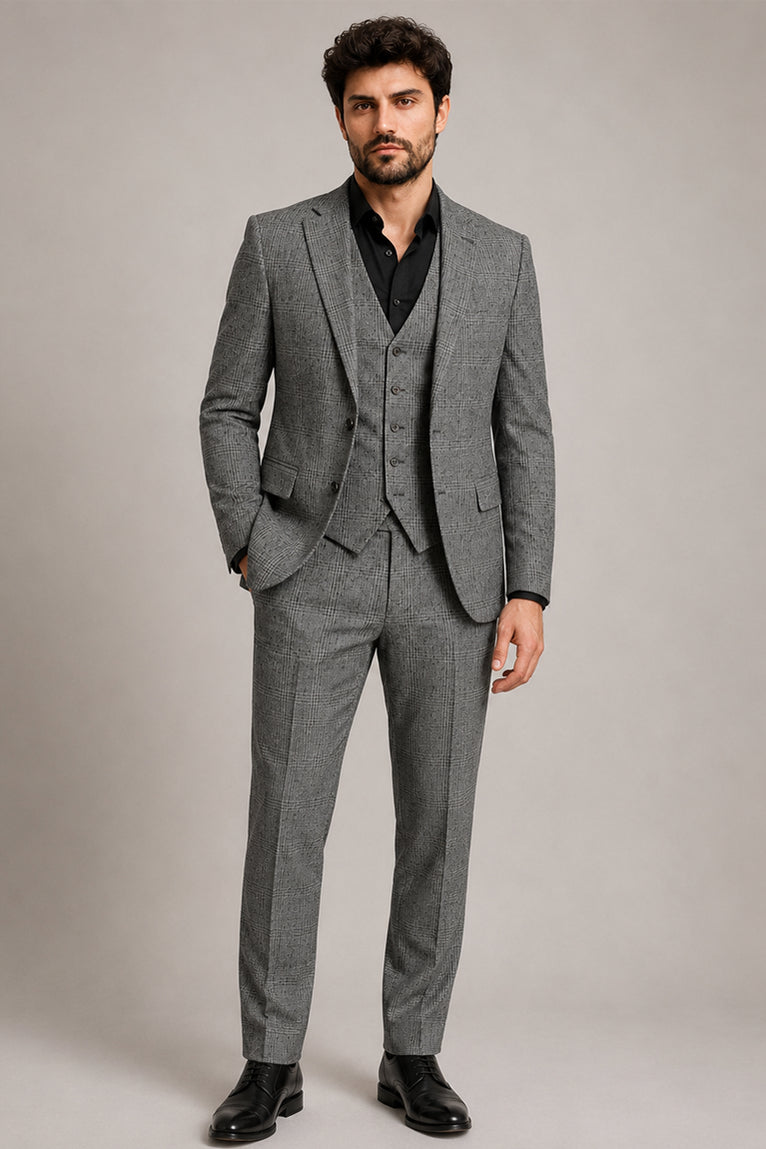 Men's Cotton Check Grey 3 Piece Suit - Suit Heritage