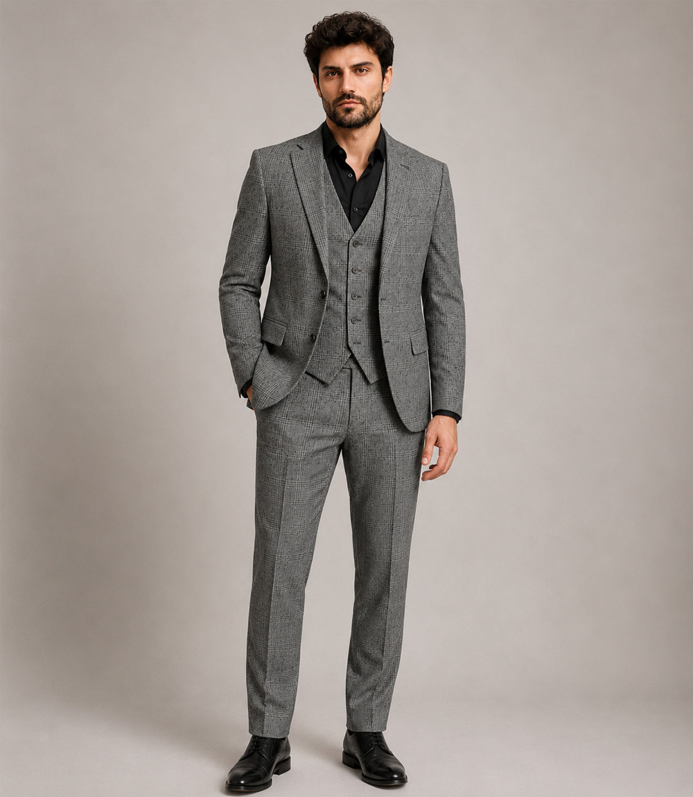 Men's Cotton Check Grey 3 Piece Suit - Suit Heritage
