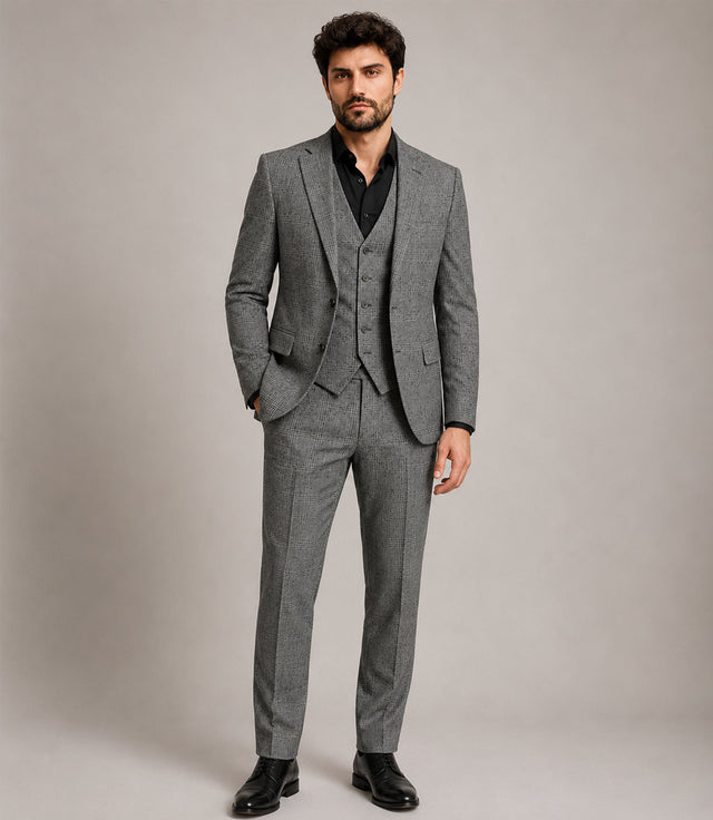 Men's Cotton Check Grey 3 Piece Suit - Suit Heritage