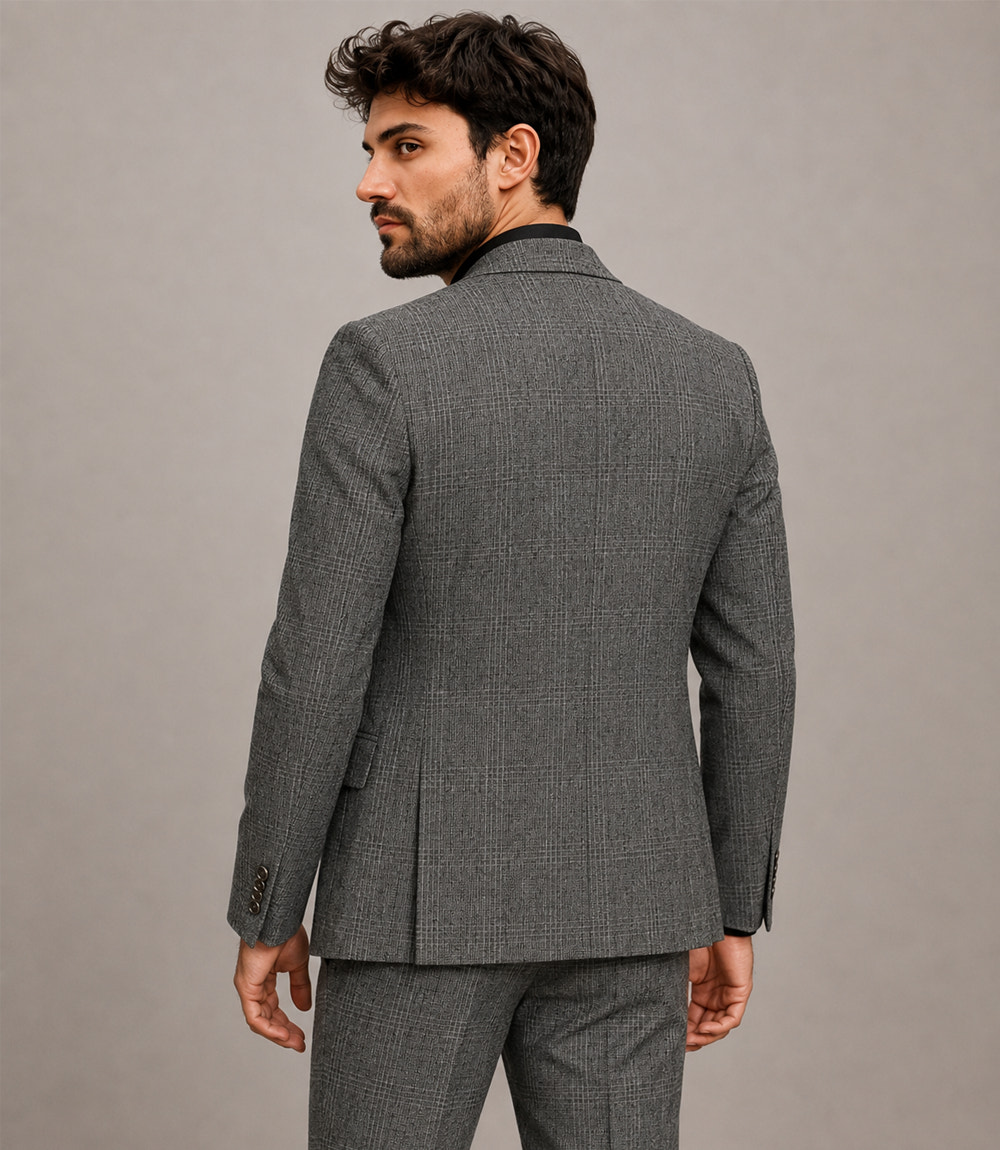Men's Cotton Check Grey 3 Piece Suit Back - Suit Heritage