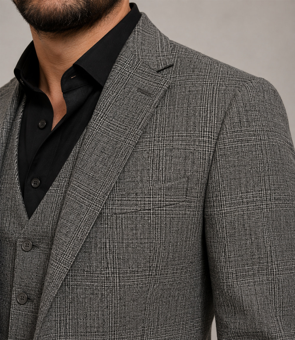 Men's Cotton Check Grey 3 Piece Suit Closeup - Suit Heritage