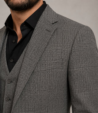 Men's Cotton Check Grey 3 Piece Suit Closeup - Suit Heritage