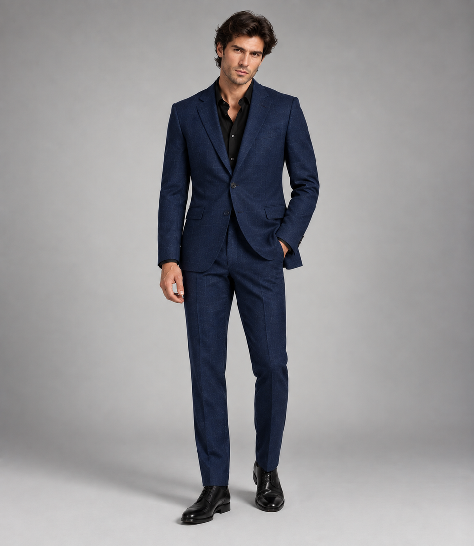 Men's Cotton Check Navy 2 Piece Suit -  Suit Heritage