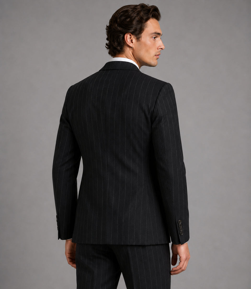 Men's Cotton Pinstripe Double Breasted 2 Piece Suit Back - Suit Heritage