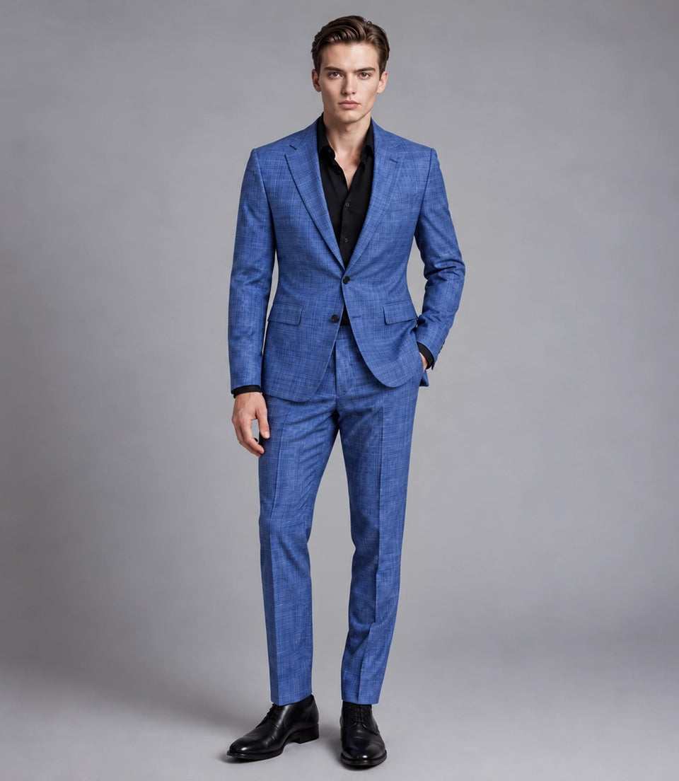 Men's Cotton Plaid Blue 2 Piece Suit -  Suit Heritage