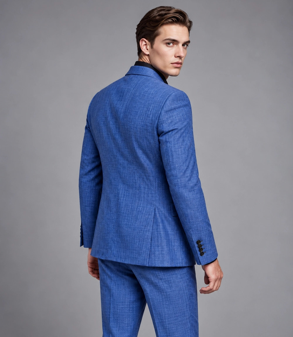 Men's Cotton Plaid Blue 2 Piece Suit Back  -  Suit Heritage