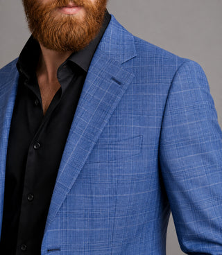 Men's Cotton Plaid Blue 2 Piece Suit Closeup - Suit Heritage
