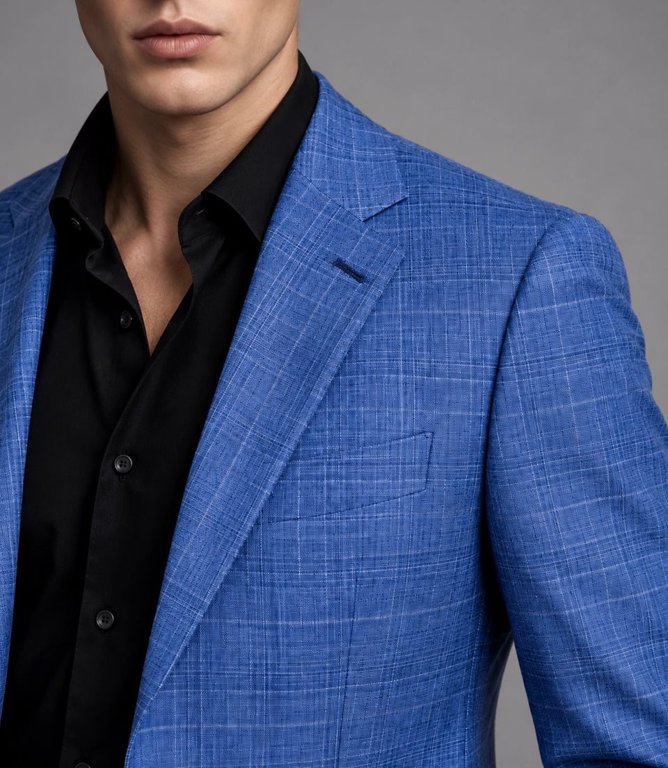 Men's Cotton Plaid Blue 2 Piece Suit Closeup -  Suit Heritage