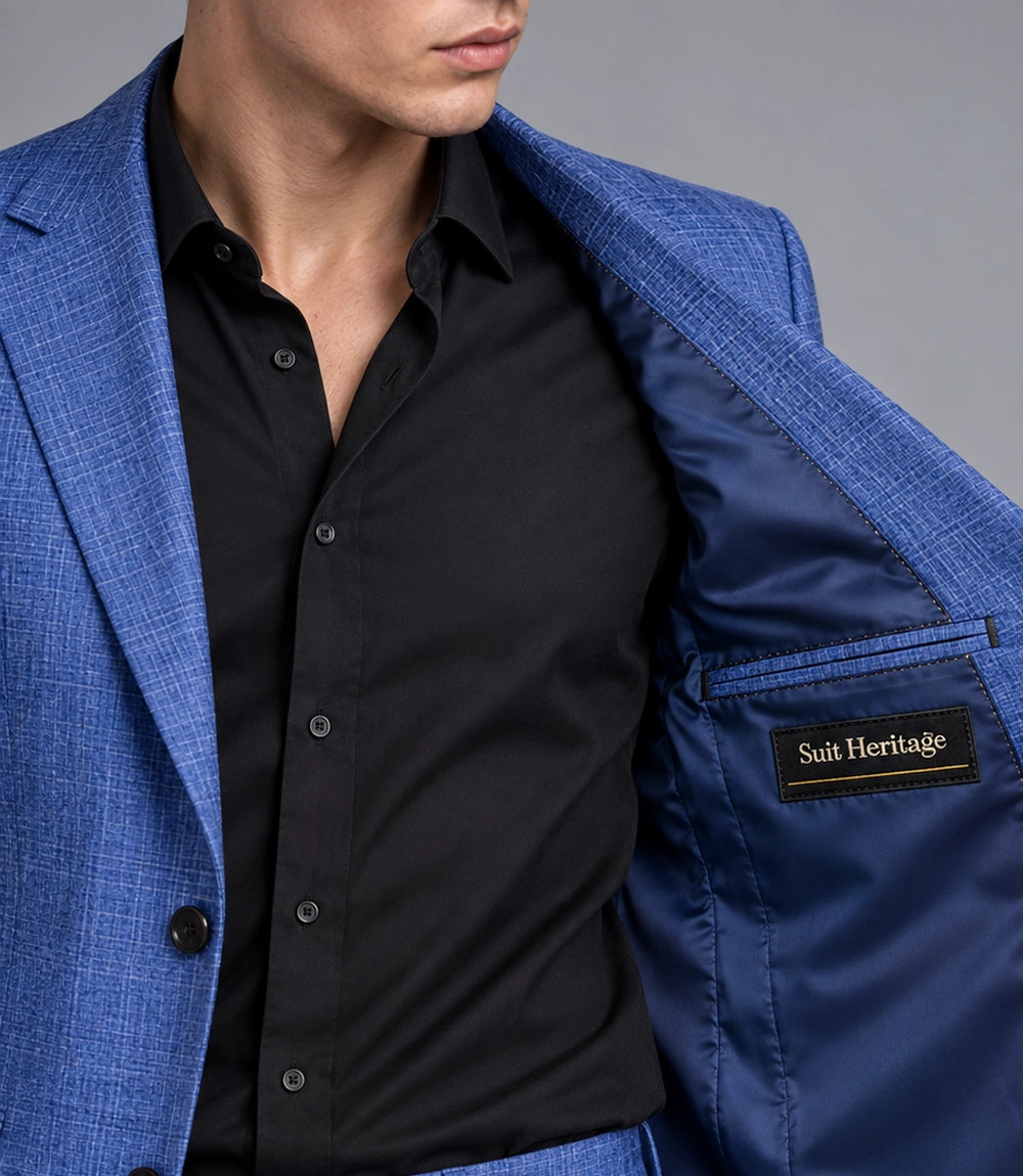 Men's Cotton Plaid Blue 2 Piece Suit Inner  -  Suit Heritage