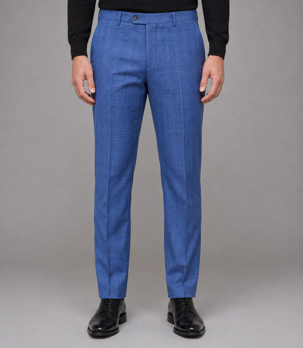 Men's Cotton Plaid Blue 2 Piece Suit Pant - Suit Heriatage