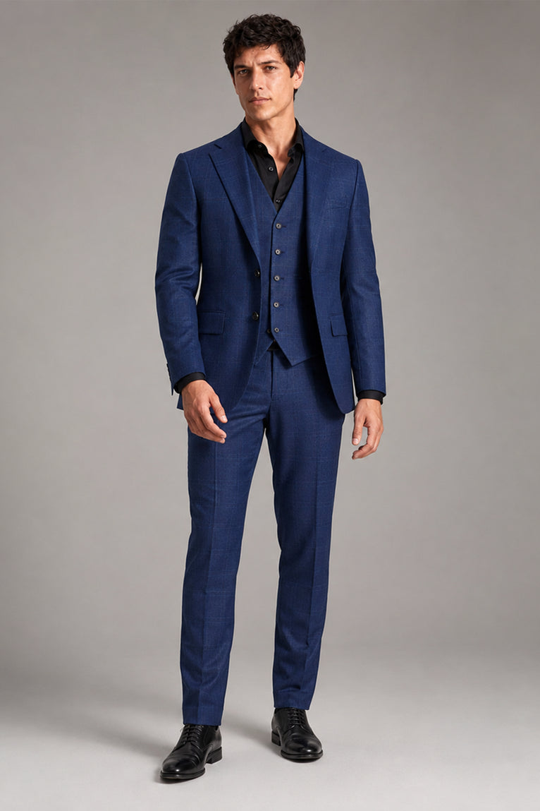 Men's Cotton Plaid Blue 3 Piece Suit - Suit Heritage