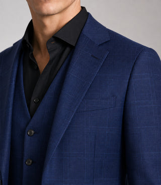 Men's Cotton Plaid Blue 3 Piece Suit Closeup - Suit Heritage