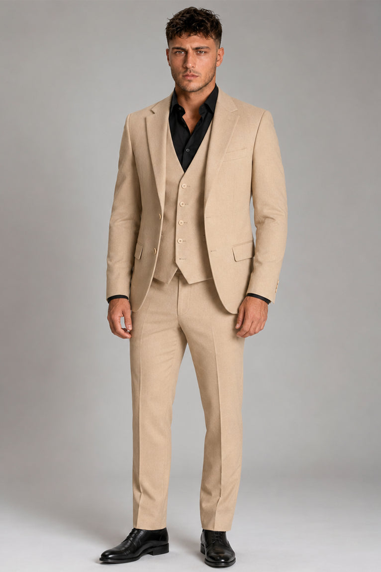 Men's Cotton Solid Beige 3 Piece Suit - Suit Heritage