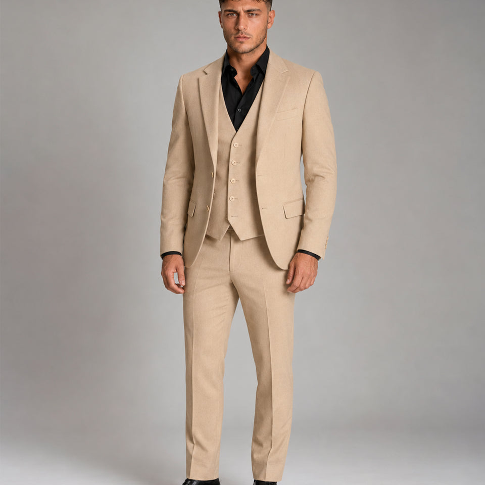 Men's Cotton Solid Beige 3 Piece Suit - Suit Heritage