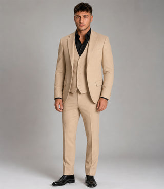 Men's Cotton Solid Beige 3 Piece Suit - Suit Heritage