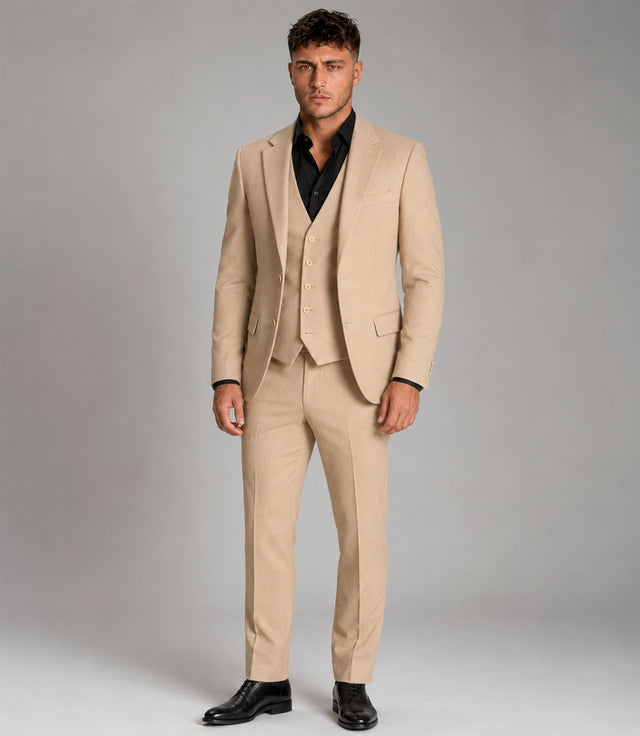 Men's Cotton Solid Beige 3 Piece Suit - Suit Heritage