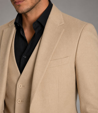 Men's Cotton Solid Beige 3 Piece Suit Closeup - Suit Heritage