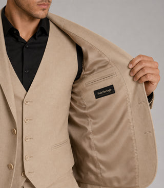 Men's Cotton Solid Beige 3 Piece Suit Inner - Suit Heritage