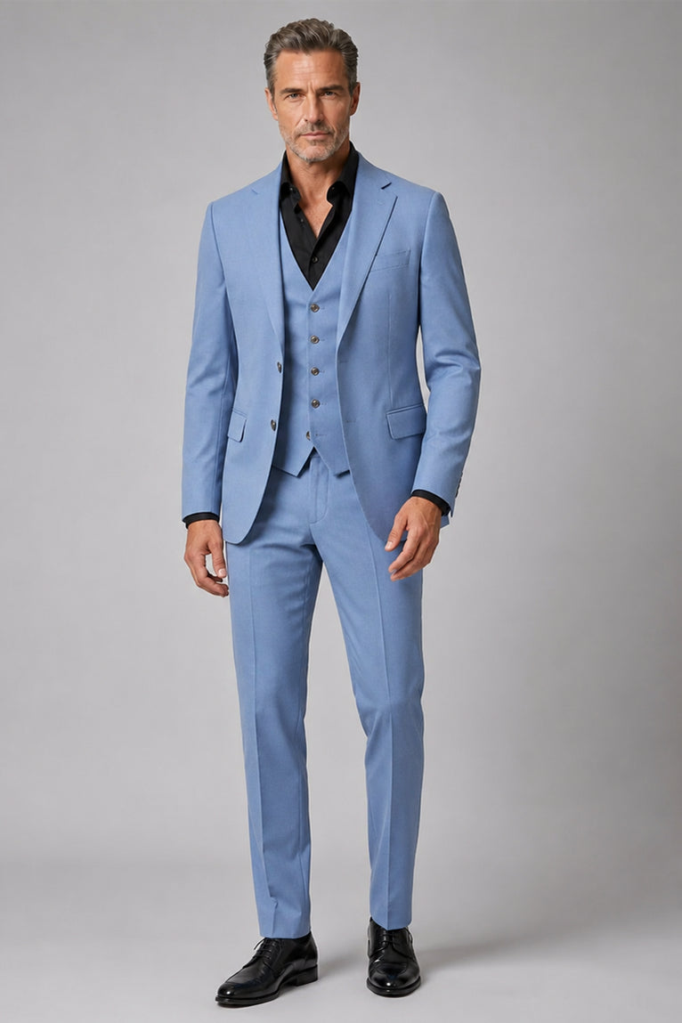 Men's Cotton Solid Light Blue 3 Piece Suit - Suit Heritage