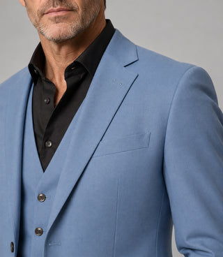 Men's Cotton Solid Light Blue 3 Piece Suit Closeup - Suit Heritage