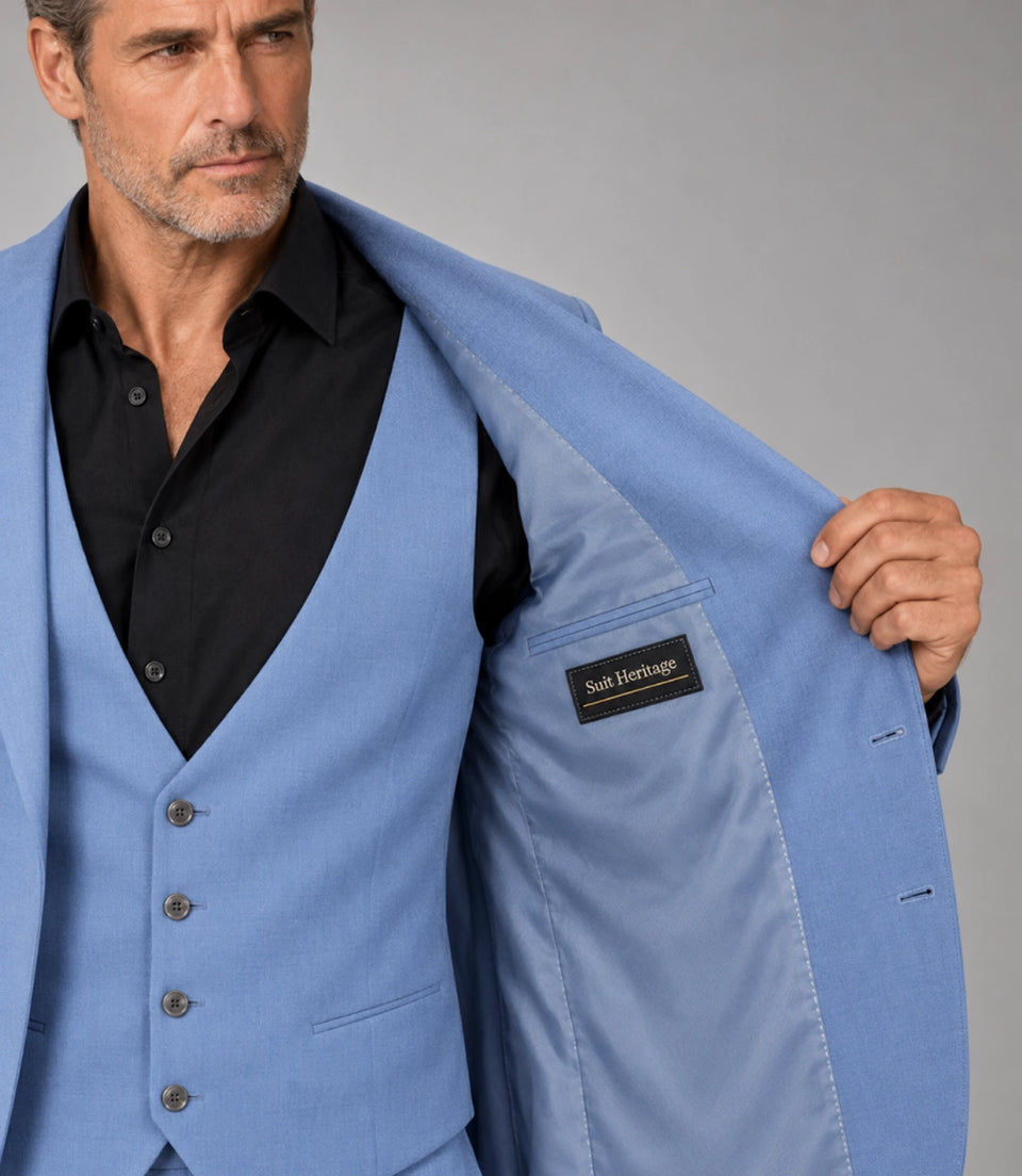 Men's Cotton Solid Light Blue 3 Piece Suit Inner -  Suit Heritage