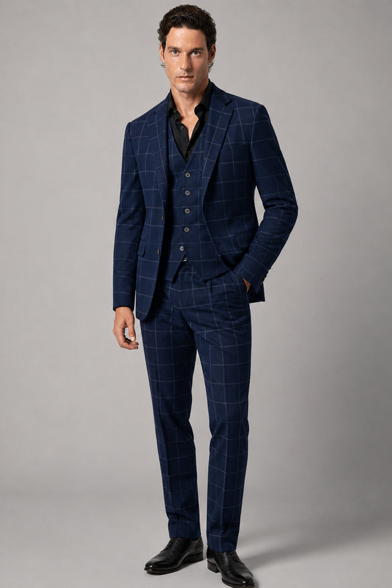Men's Cotton Windowpane Navy 3 Piece Suit - Suit Heritage